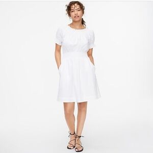 NWT J.Crew Women White Smocked puff-sleeve cotton poplin dress Size XXS